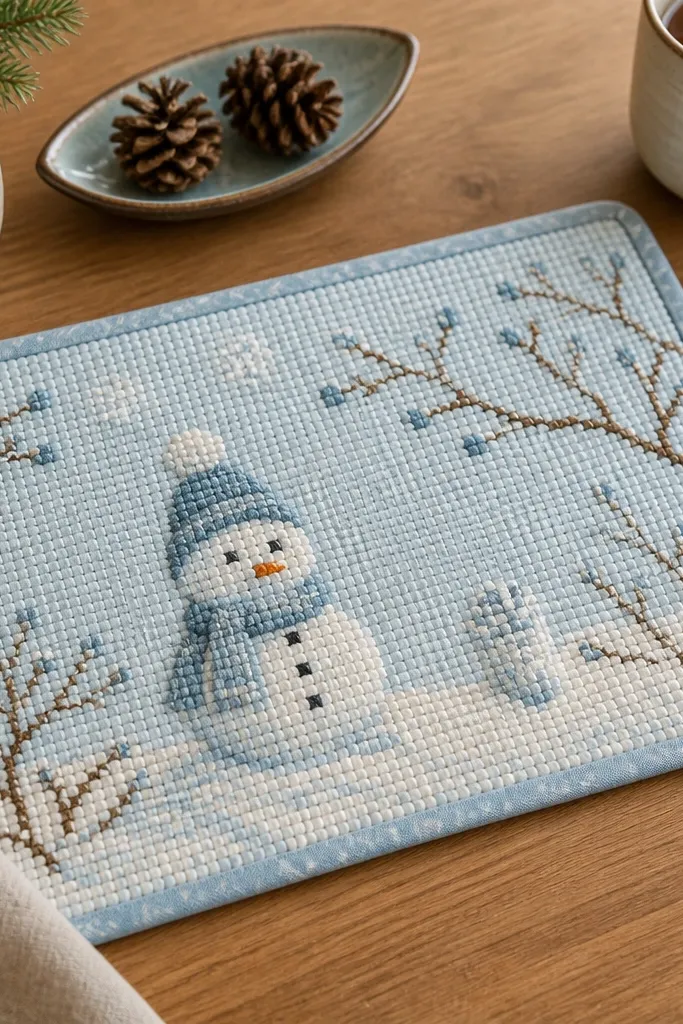 A rectangular cloth mat with visible cross-stitch in light blue and cream showing a small snowman and branches; the edges are bound with matching fabric binding.