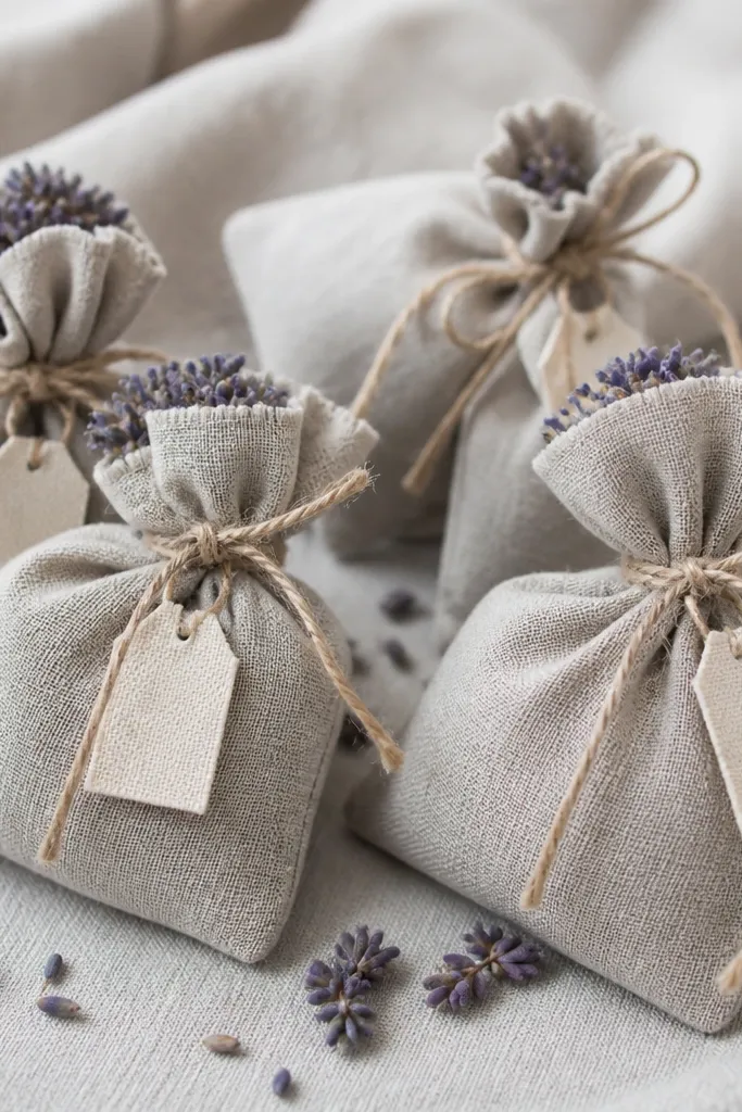 Several small linen sachets tied with twine, each with a tiny knot and a small fabric tag; lavender buds peek out from a gathered opening.