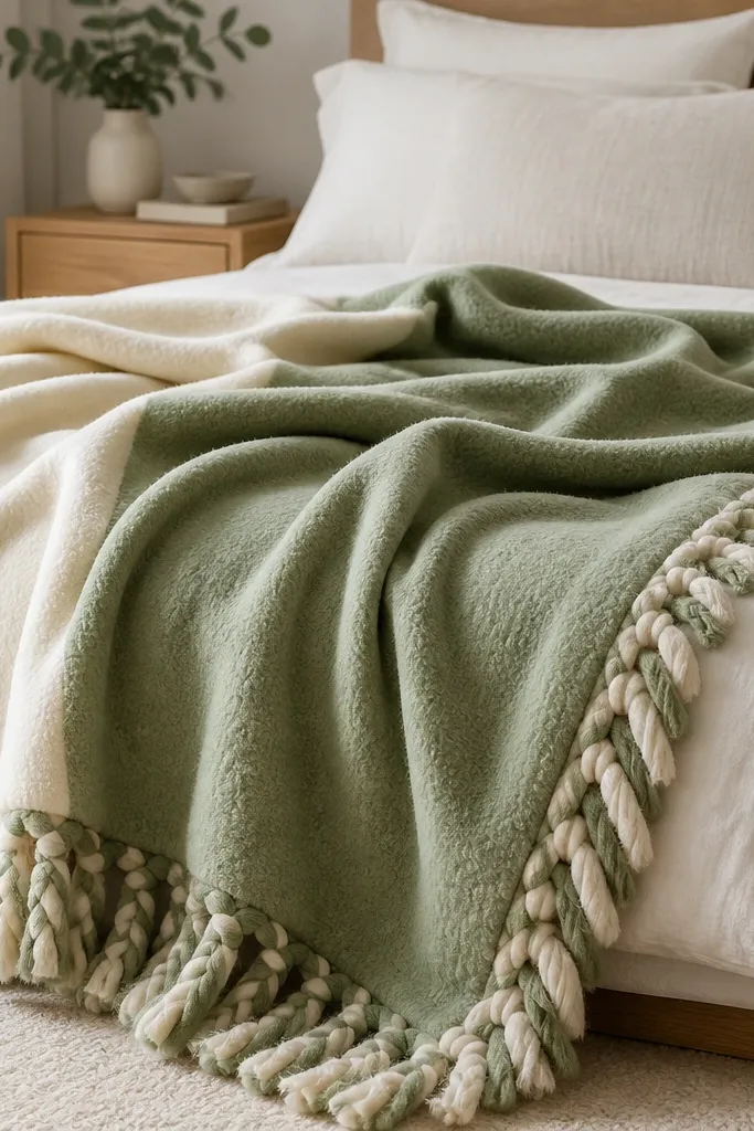 A soft fleece blanket laid on a bed with wide braided fringe at the edges; two colors - cream and sage - are blended in wide blocks.