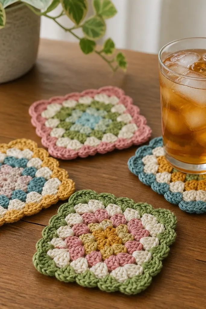 A set of four crocheted coasters in different granny square colors with scalloped outer edges; they sit on a wooden table with a glass of iced tea.