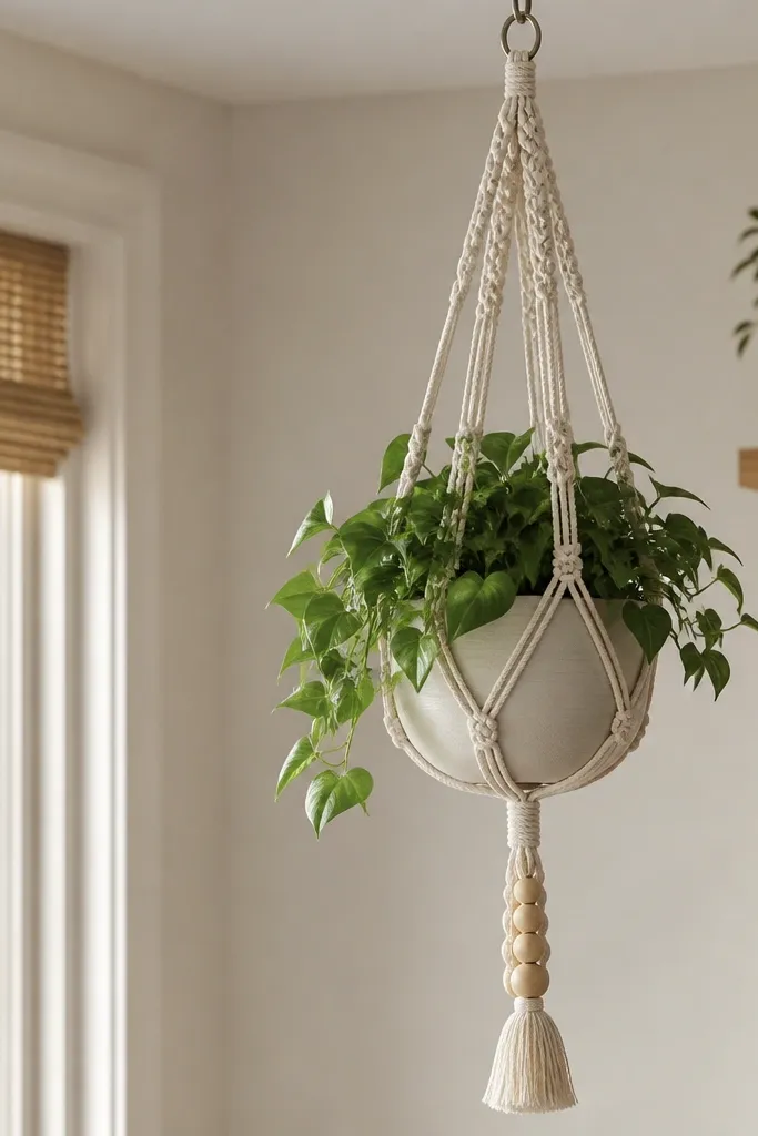 A macramé plant hanger hanging from a ceiling hook, with a tassel at the bottom made from small wooden beads; the rope is natural cotton.