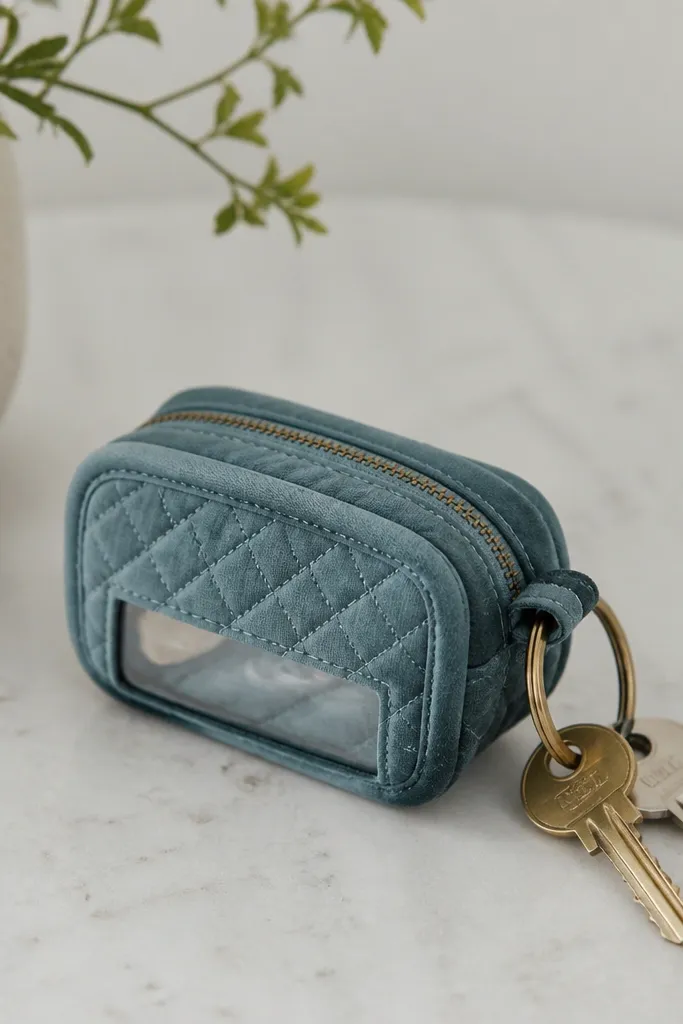 A small quilted fabric key fob with diagonal stitching and a tiny clear window pocket on the side; keys hang from a metal ring.
