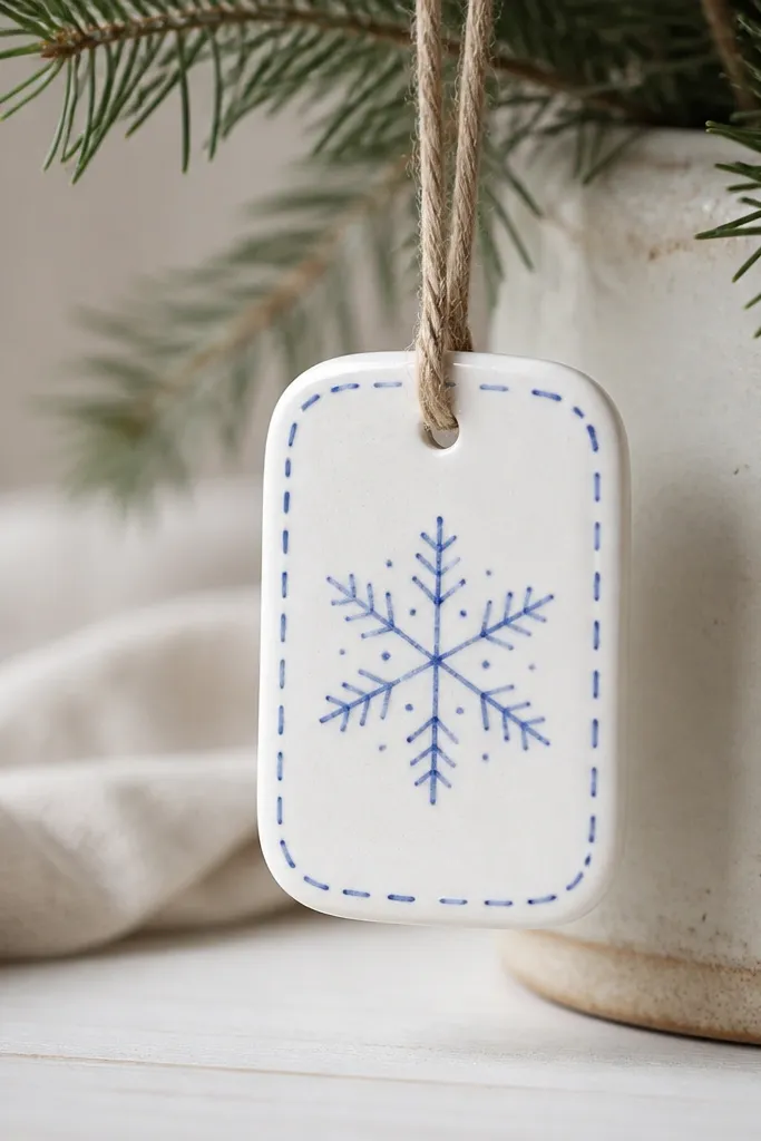 A small white ceramic tag shaped like a rounded rectangle, painted with a simple snowflake and a stitched-style border in blue; it hangs on a twine loop.
