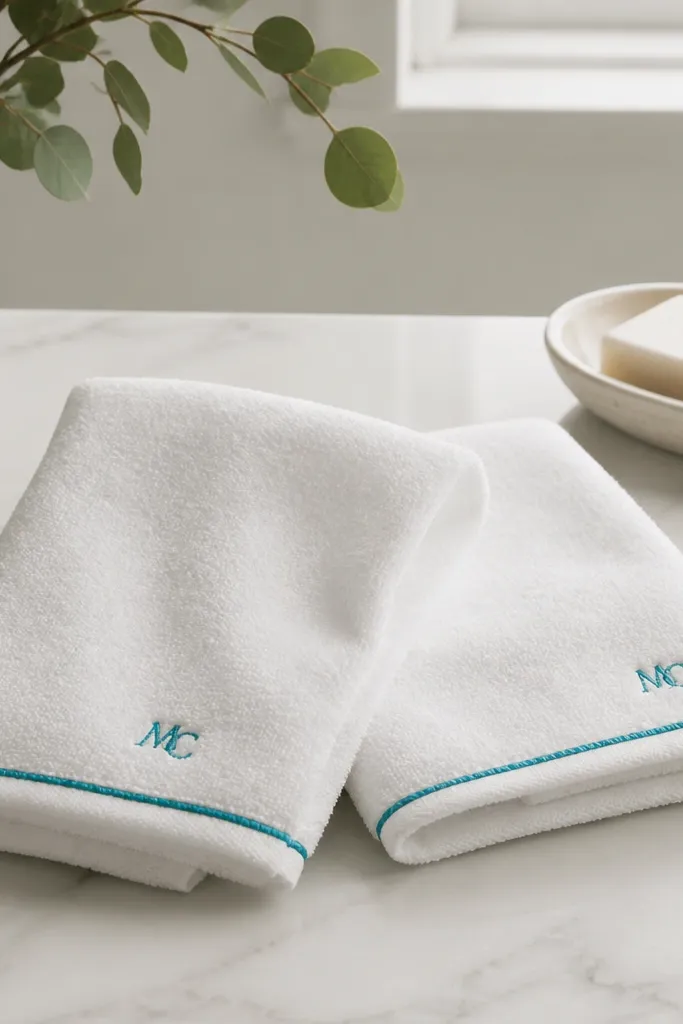 Two small white cotton hand towels with a stitched border in teal thread; a tiny pair of initials is embroidered near the hem.