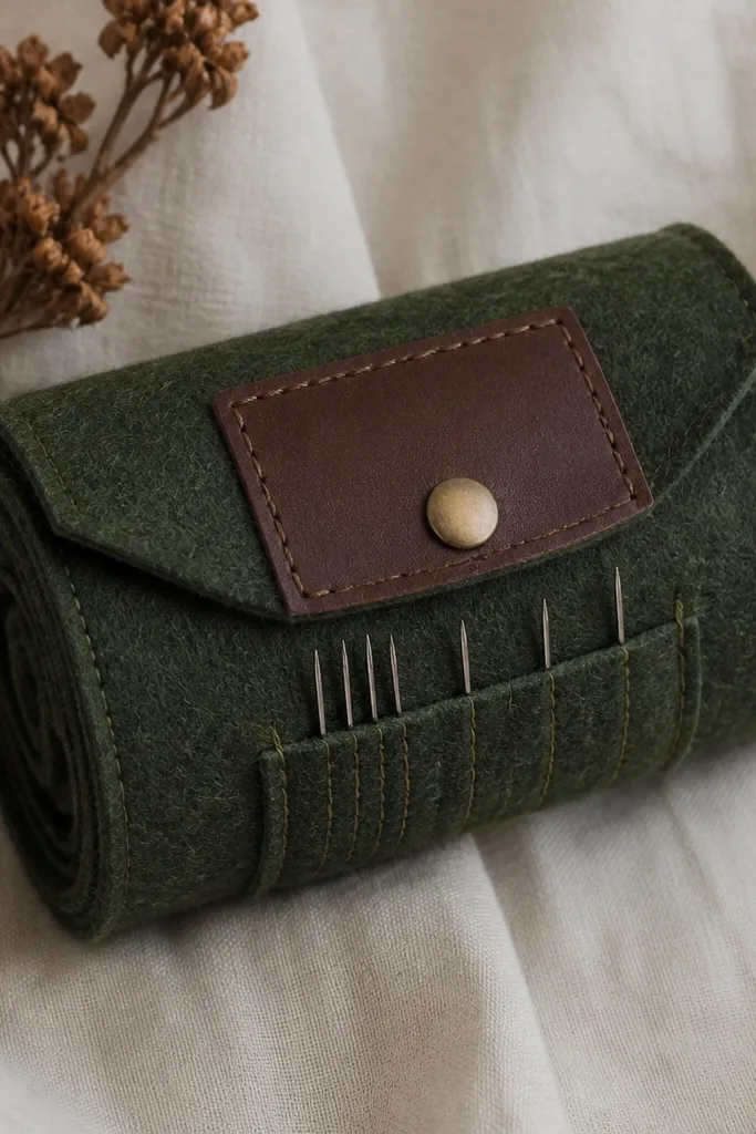 A small rolled felt wool case with a snap closure; the outside is dark green felt with a stitched leather-looking patch and a visible needle pocket.