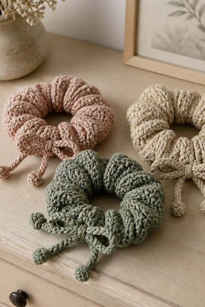 Three crochet scrunchies in muted colors on a dresser; each has a small crocheted tie and a thick, soft band.