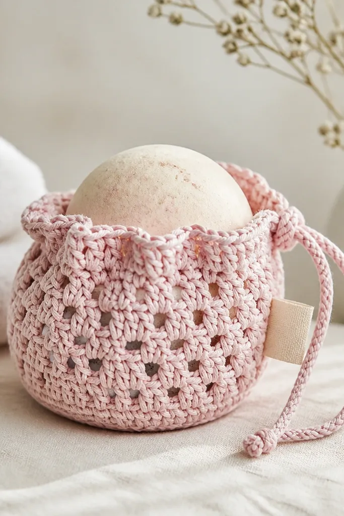 A crochet sleeve in light pink with a drawstring cord, holding a bath bomb; the sleeve has small eyelet stitches and a tag label.