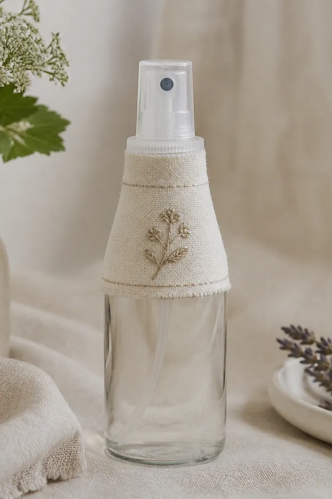 A clear spray bottle with a fabric-wrapped label around the neck; the label has hand-stitched text and small stitched icons in matching thread.