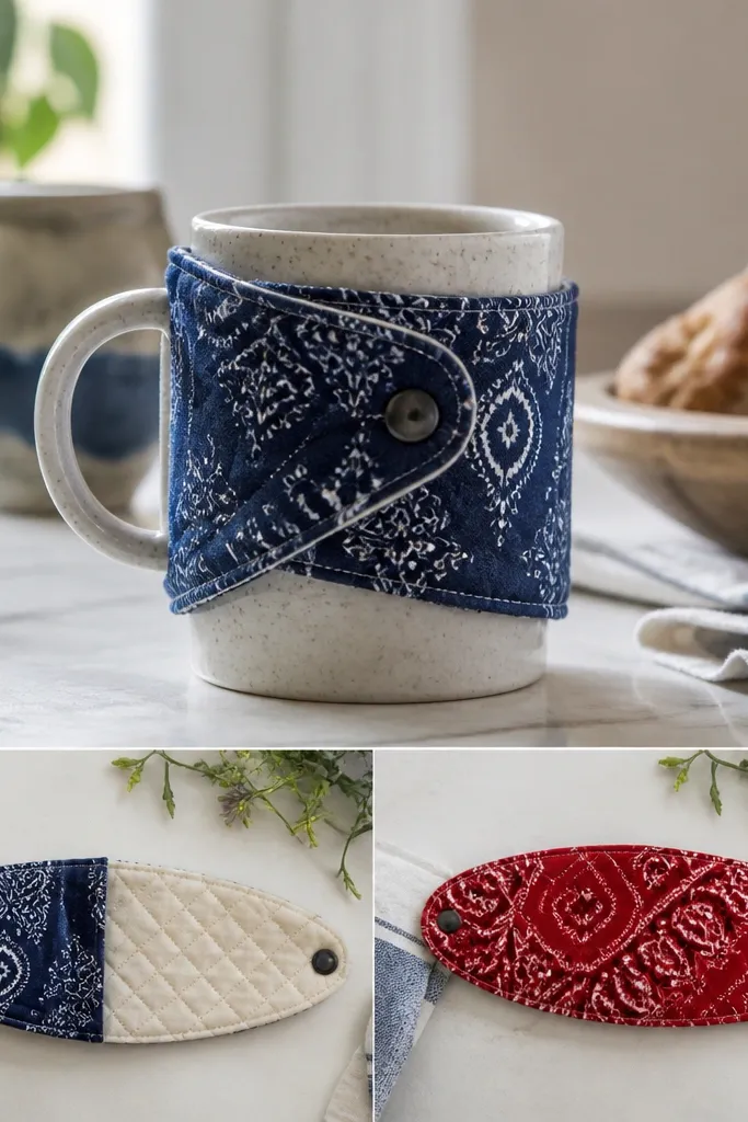 A reversible mug cozy showing two different bandana patterns on each side; it has a stitched quilted grid on the insulation layer.