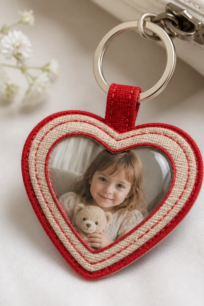 A small fabric keychain featuring a tiny photo behind clear window plastic, framed by stitched red heart outlines; it hangs from a metal key ring.
