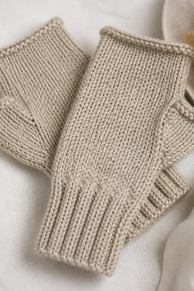 A pair of fingerless knitted gloves in oatmeal yarn with a visible thumb gusset and ribbed cuffs; the thumb opening is neatly shaped.