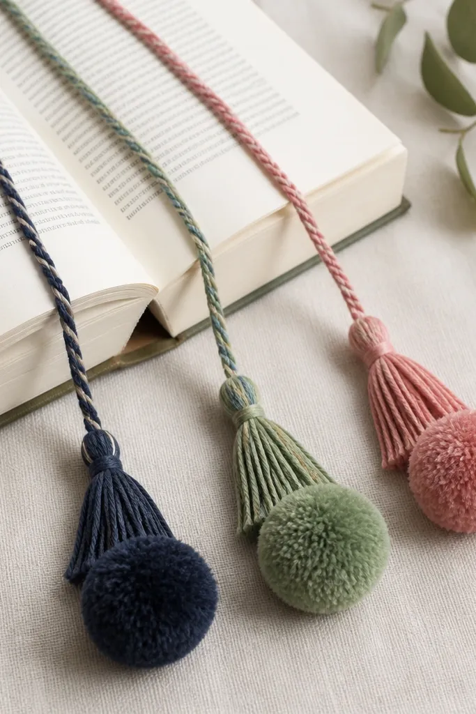 A set of three yarn bookmarks with fluffy pom-poms at the end; each bookmark uses a different color combo tied into a slim tassel.