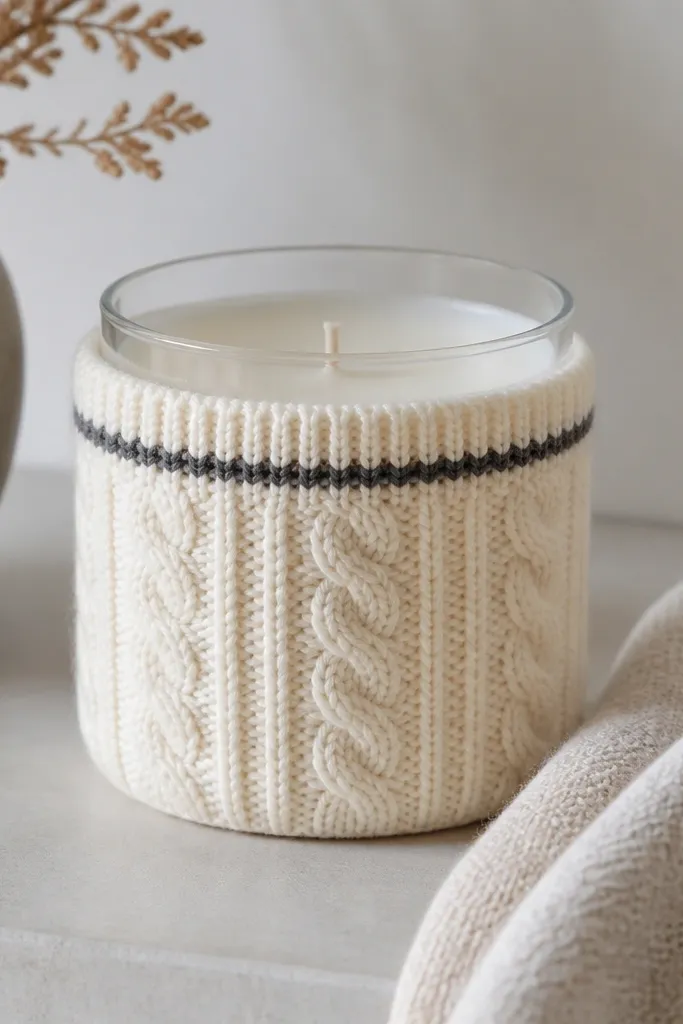 A glass candle jar wrapped in a knit sleeve with a simple cable pattern; the sleeve is cream with a thin charcoal stripe near the top.