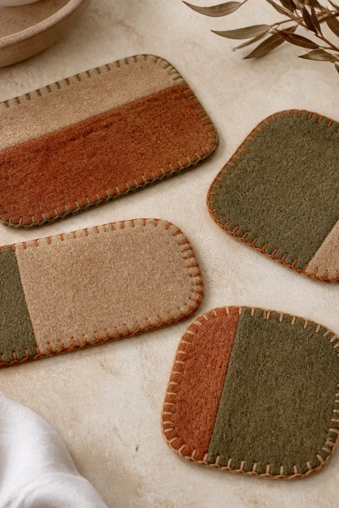 Four felted wool coasters in rectangular and rounded shapes; each has color-blocked panels in tan, olive, and rust with a contrasting stitched border.