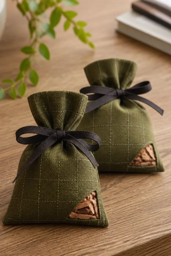 Two small fabric sachets in olive cotton with a stitched grid pattern, each tied with a dark twill ribbon; a few cedar chips are visible through a corner opening, photographed on a wooden desk.