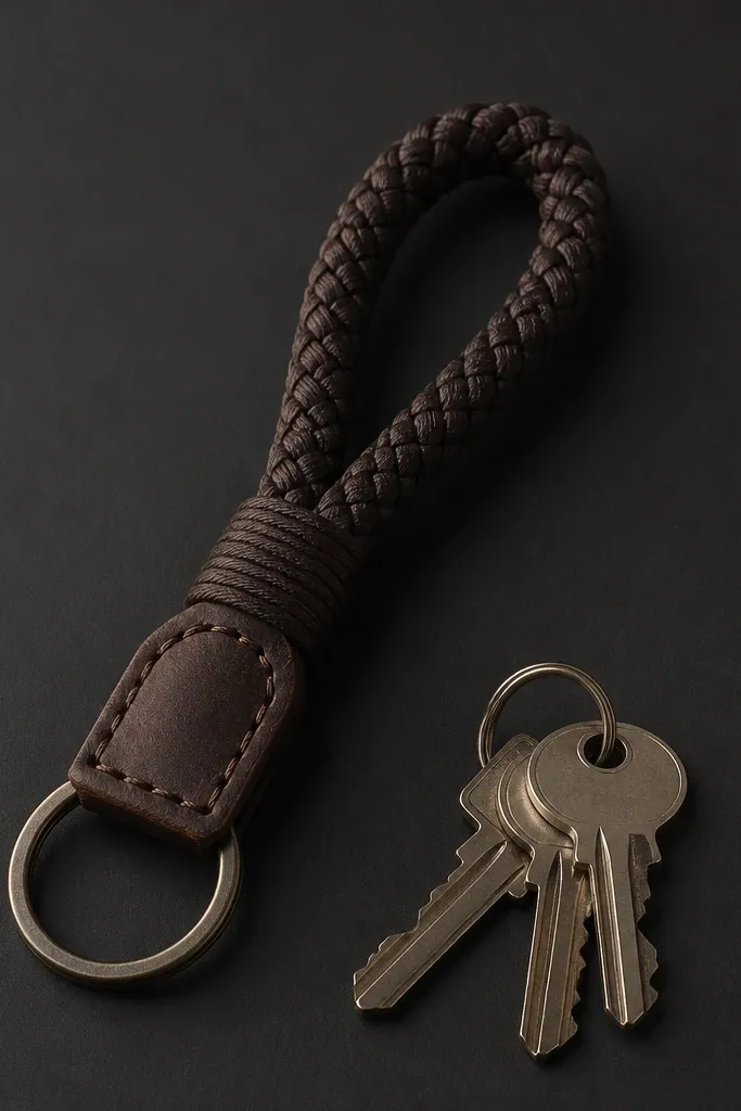 A handmade key fob in dark brown waxed cotton cord with a braided loop and a small stitched leather patch that says nothing printed; keys sit beside it on a matte black background.