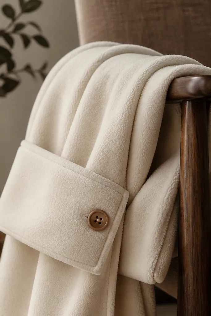 A folded fleece throw with a thick cuff band in cream, shown draped over a chair arm; the edges are top-stitched and the cuff has a simple button closure.