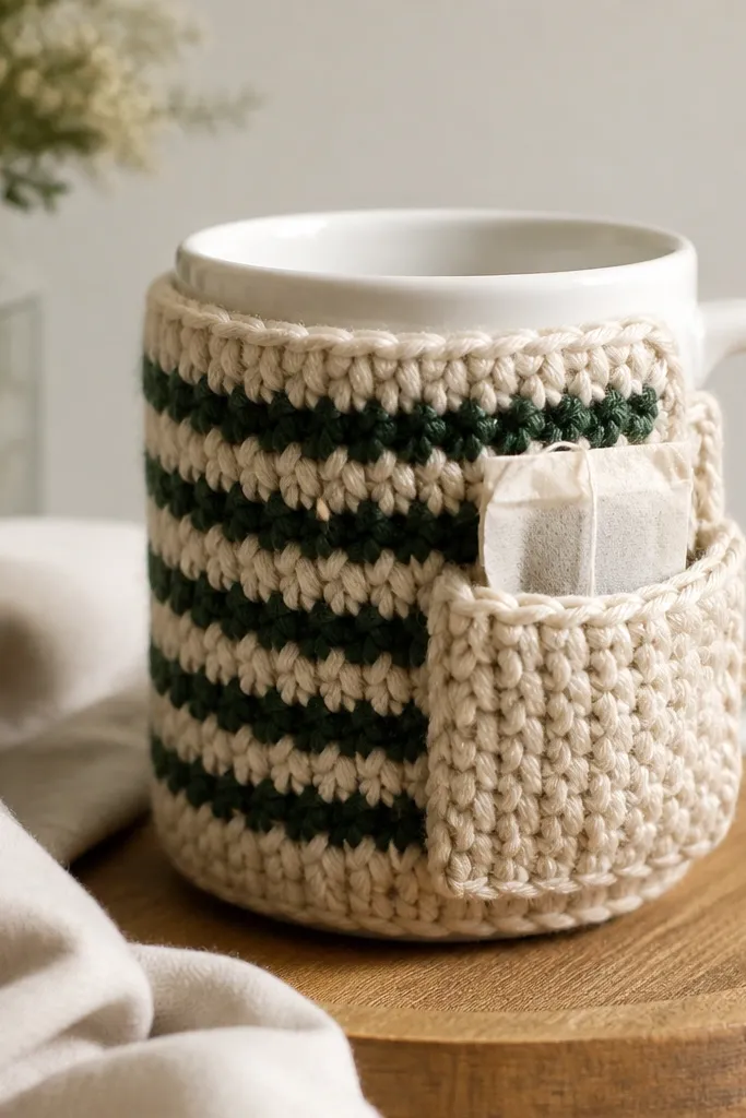 A thick-knit mug cozy in oatmeal and dark green stripes, photographed with a small tea bag tucked into a side pocket; the stitches are visible and even.