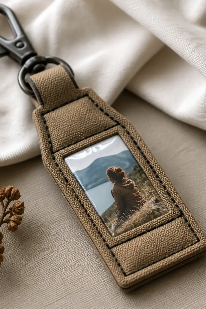 A slim stitched keychain with a tiny printed photo sealed under clear tape inside a fabric window; the fabric is tan with black thread and a metal clip.