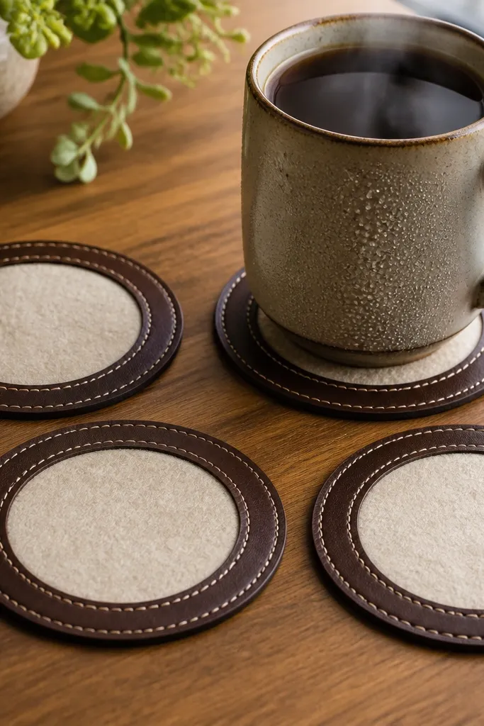 Four matching coasters: dark brown faux leather circles with cream felt centers and a double-stitched edge, photographed with a hot mug and condensation.