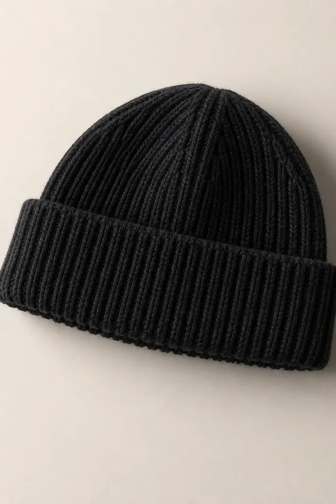 A handmade ribbed beanie in deep charcoal with a folded brim and visible ribbing, photographed on a neutral background with a soft shadow.