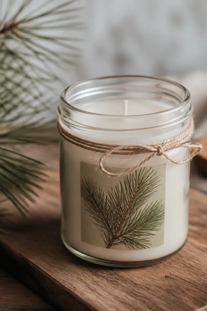 A reused glass jar candle with a pine-needle label tied in twine, topped with a thin layer of wax and a centered wick; the jar sits on a wooden cutting board.