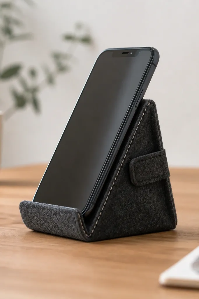 A felt phone stand shaped like a wedge, in dark gray with a stitched seam and a small hidden magnet flap; shown holding a phone at a 60-degree angle.