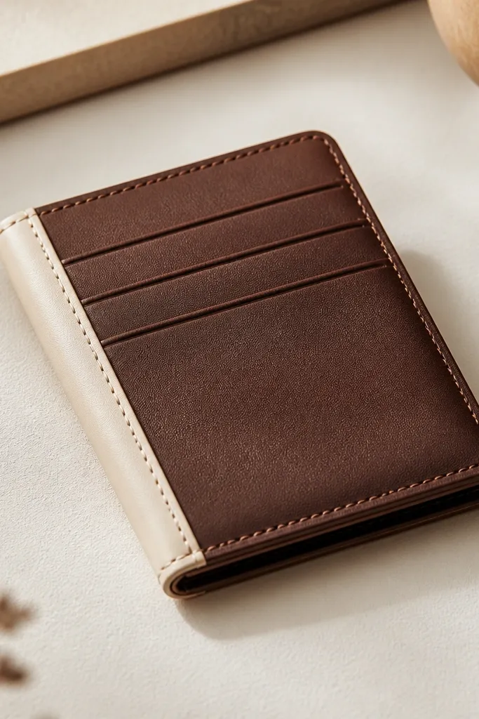 A slim card wallet in deep brown leatherette with a cream stitched spine, three card slots visible, and a folded edge neatly aligned.