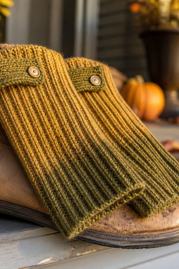 Two knitted sock cuffs in mustard and olive with a button tab on the side, shown laid flat beside a pair of boots.