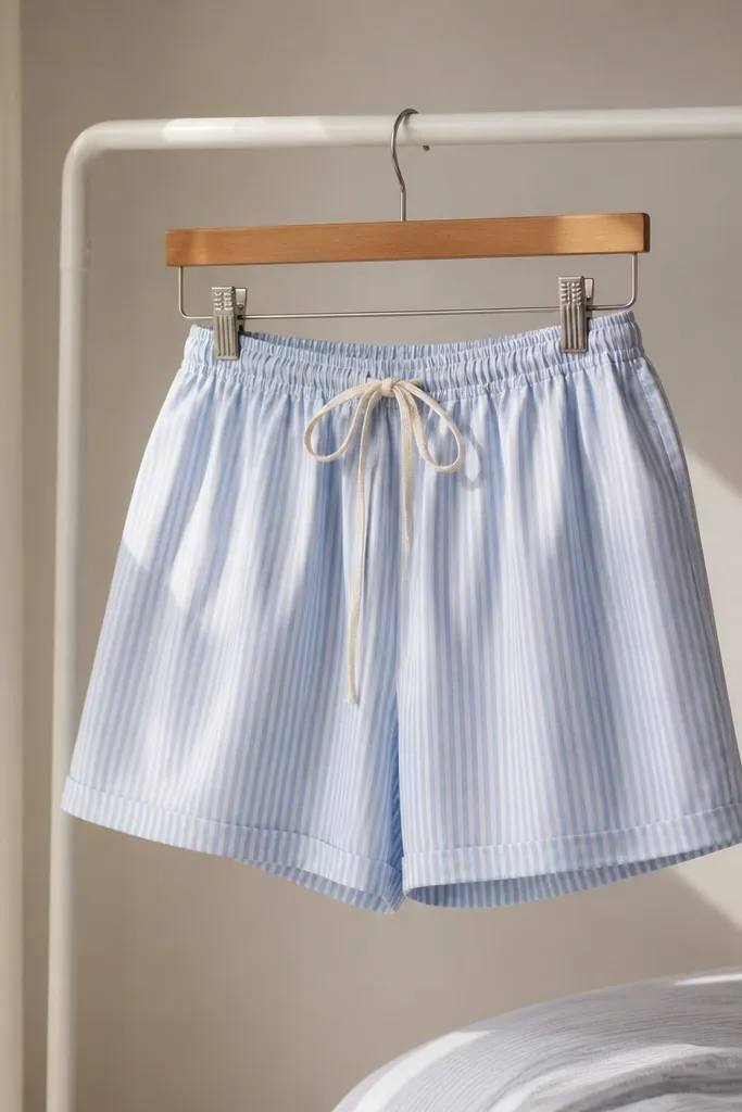 Lounge shorts made from light blue striped bedsheet fabric, with an elastic waistband and a simple rolled hem, photographed on a hanger with a matching drawstring.