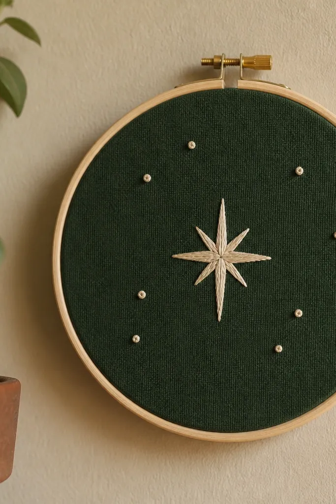 A 6-inch embroidery hoop with dark green fabric and light tan stitched lettering, plus a small stitched star and a few French knots; photographed against a beige wall.