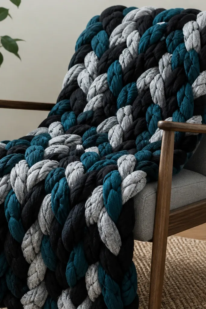 A braided strip blanket made from recycled T-shirt yarn, in black, heather gray, and deep teal, draped over a chair; the braid looks thick and chunky.