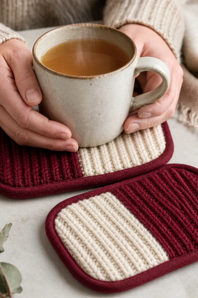 Two hot pads made from knit sweater cuffs in burgundy and cream, with a quilted middle layer and simple stitched binding; shown holding a warm mug.