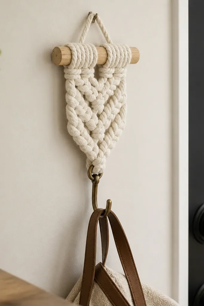 A small macrame wall hook with a light wood dowel and thick braided cotton cords, holding a single metal hook; photographed near a front door.