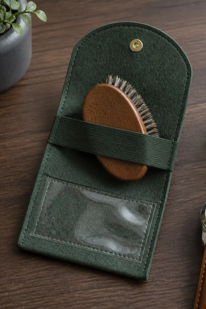 A small felt pouch in dark green with a clear window pocket and a stitched elastic strap that holds a beard brush; photographed flat on a desk.