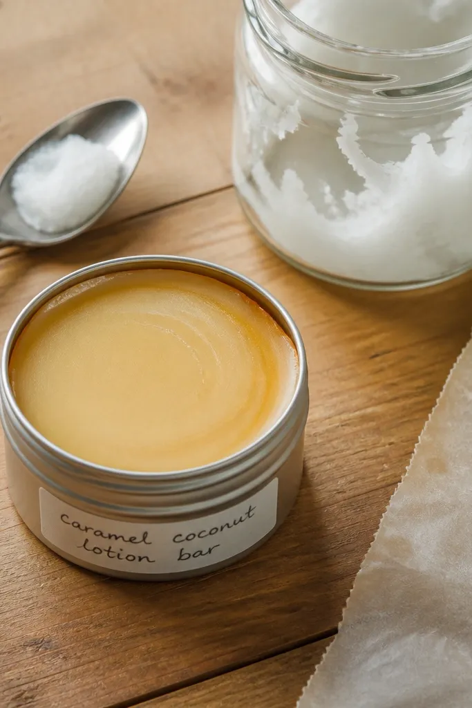A small round metal tin with a handwritten label sits on a wooden desk next to a spoon, a jar of coconut oil, and a strip of parchment. The balm surface looks smooth and pale gold, with a faint caramel swirl at the edges.