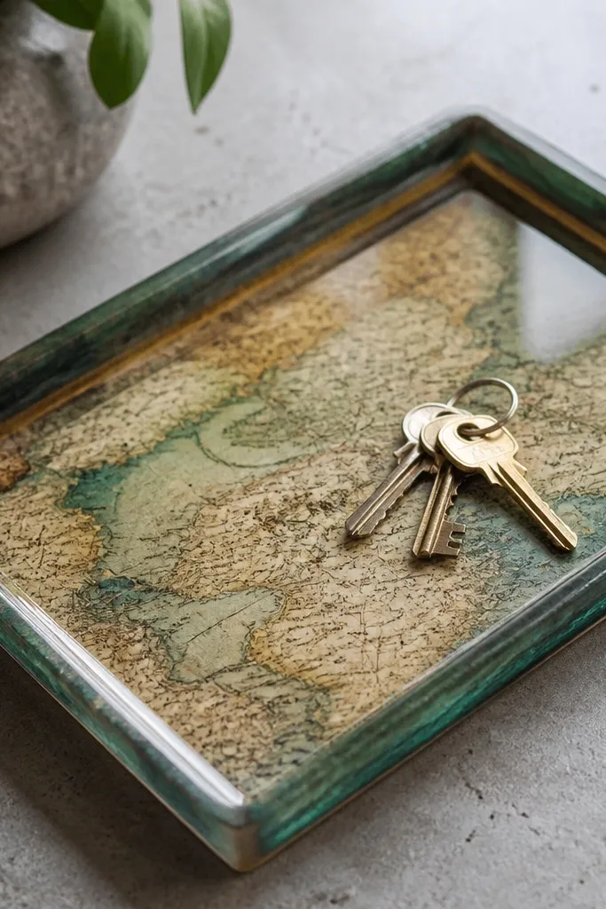 A shallow rectangular tray on a concrete countertop. The center is covered in an aged paper map with muted greens and browns, and a clear glossy epoxy border frames the edges. A few keys sit on top, catching reflections from the resin.