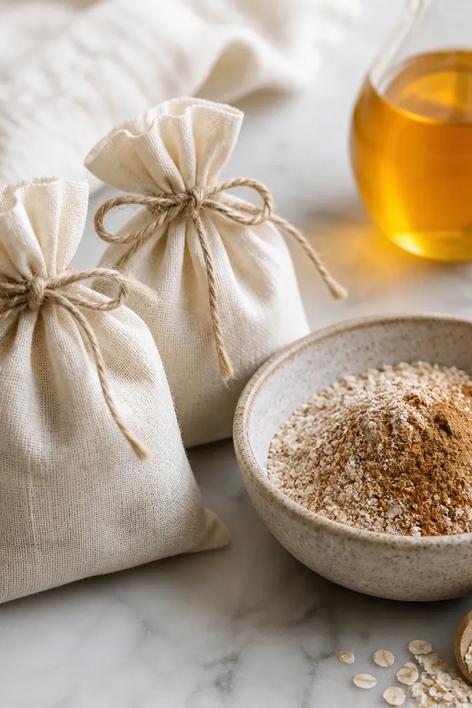 Two small drawstring cloth bags in oatmeal-colored muslin sit beside a bowl of ground oats and cinnamon. The bags are tied with twine, and the fabric looks slightly wrinkled and soft. A jar of honey-colored oil stands in the background.