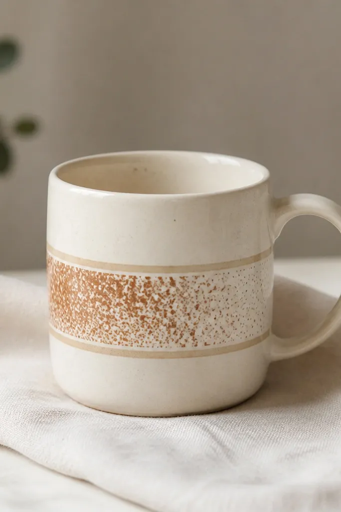 A cream mug with a terracotta speckled stripe wrapping around the middle, tiny dots fading smaller toward the right side, and a thin oat-colored border above and below.