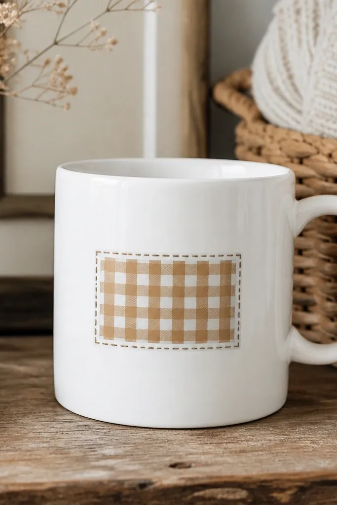 A white mug with a small mustard-and-cream checkered rectangle centered on the front, like a stitched pocket graphic, with a tiny hand-drawn stitch line around it.