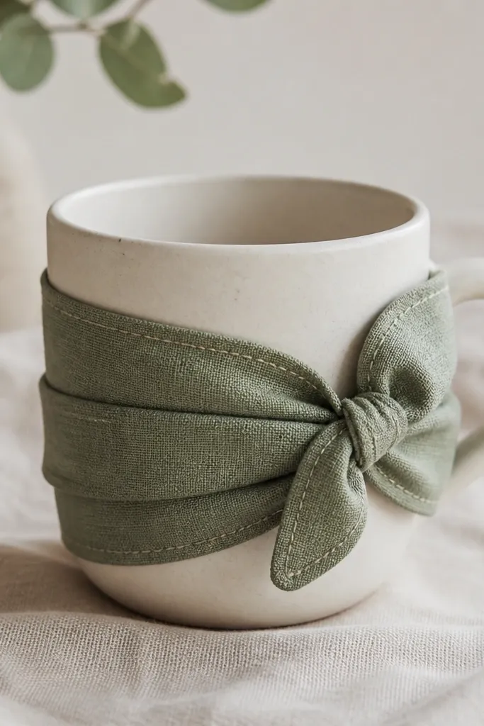 A mug wrapped with sage-green fabric like a loose linen band. A small fabric knot sits near the handle, and the fabric edges are neatly turned under with visible stitching.