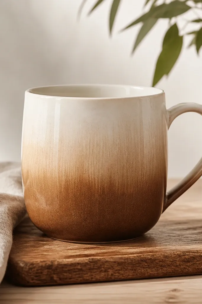 A ceramic mug with a smooth vertical ombre from creamy beige at the top to warm cocoa brown at the bottom. The transition has soft brush fade lines, not hard stripes.