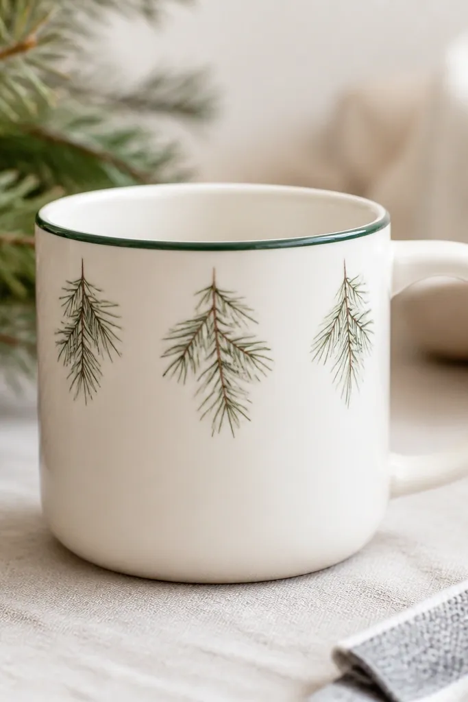 A pale mug with a thin deep green line circling the top edge, and small pine sprigs branching downward in a spaced pattern on the front.