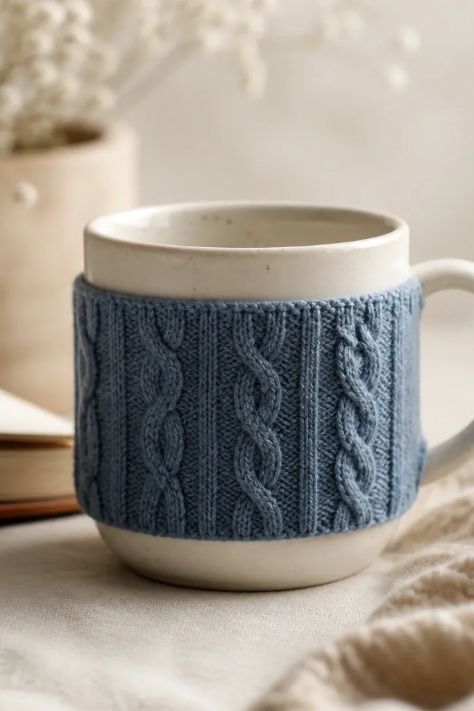 A mug wrapped in a dusty blue fabric sleeve with raised cable-knit style lines, fitted snugly around the body and ending above the base.