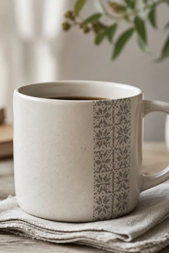 A mug with a small vertical knit-scraf pattern graphic in off-white and muted gray. It looks like a tiny knitted stripe panel near the handle side.