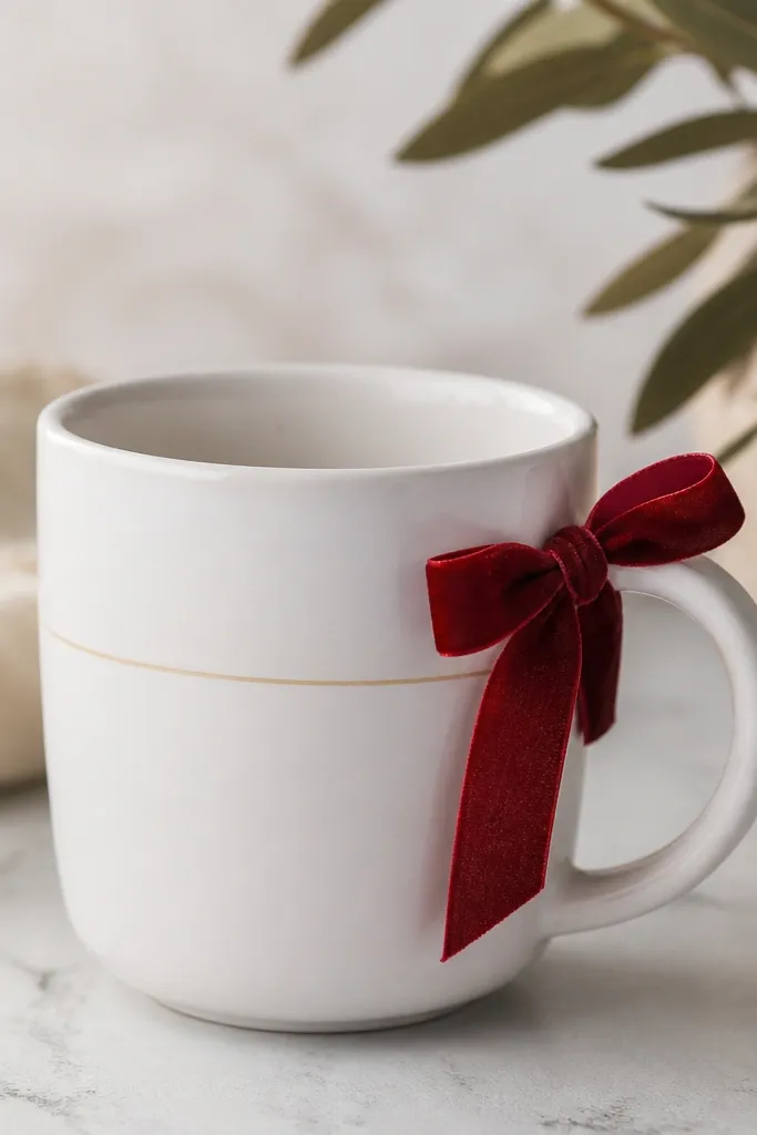 A white mug with a red velvet ribbon wrapped around the handle area, tied in a small bow that sits slightly off-center, with a thin cream line painted on the mug body.