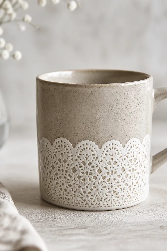 A mug with a band of white doily paper decoupage around the lower third. The paper has scalloped edges and a faint lace pattern.