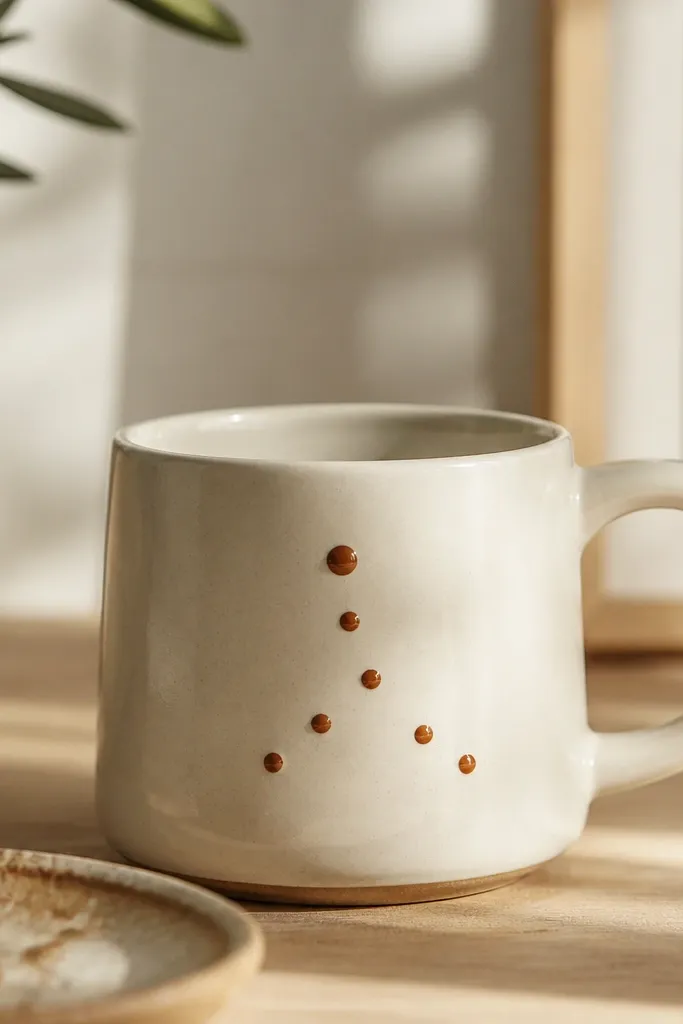 A cream mug with tiny raised terracotta dots arranged like a small constellation on the front, and a smooth clear finish over the dots.