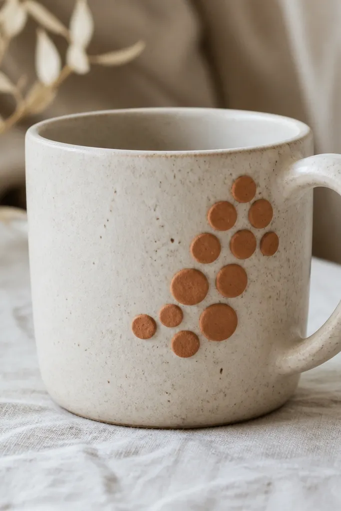 A mug with a matte terracotta clay dot cluster near the handle. The dots look hand-pressed and slightly uneven, like tiny pot pieces.