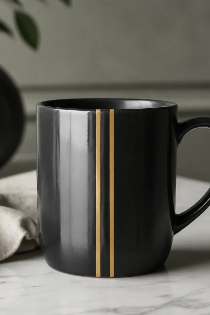 A dark charcoal mug with two thin vertical stripes in warm gold near the front. The gold lines look like clean tape edges under a glossy finish.